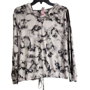 No Boundaries Womens Juniors Sz 15-17 Hoodie Marbled Gray White Pinstripe Sleeve